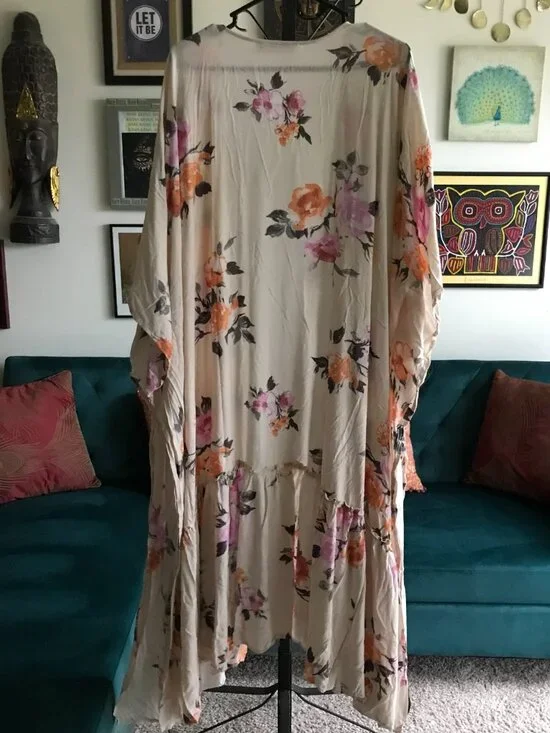 THREE BIRD NEST Cream Orange Pink Floral Bohemian Open Duster Kimono Cardigan OS - Picture 3 of 5
